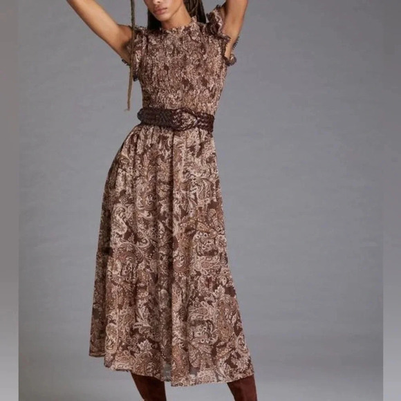 Anthropologie Dresses & Skirts - Moon River Smocked midi dress paisley ruffles embroidered anthropologie tiered